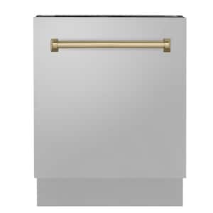 ZLINE Autograph Edition 24 in. 3rd Rack Top Control Tall Tub Dishwasher in Stainless Steel with Champagne Bronze Handle
