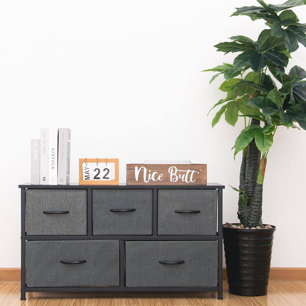 Gray 5-Drawer Fabric Storage Dresser with Steel Frame