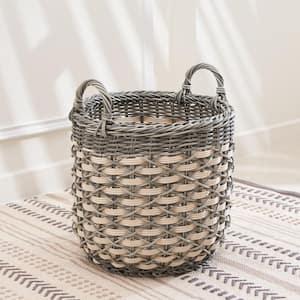 White-Gray 18" x 18" x 19.6" Round Resin Woven Wicker Multi-Use Storage Basket with Handles