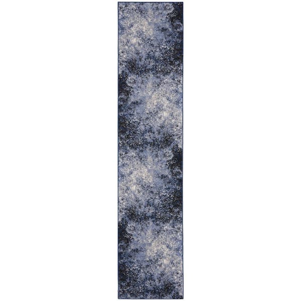 Nourison Passion Light Blue Black 2 ft. x 6 ft. Abstract Contemporary Runner Area Rug