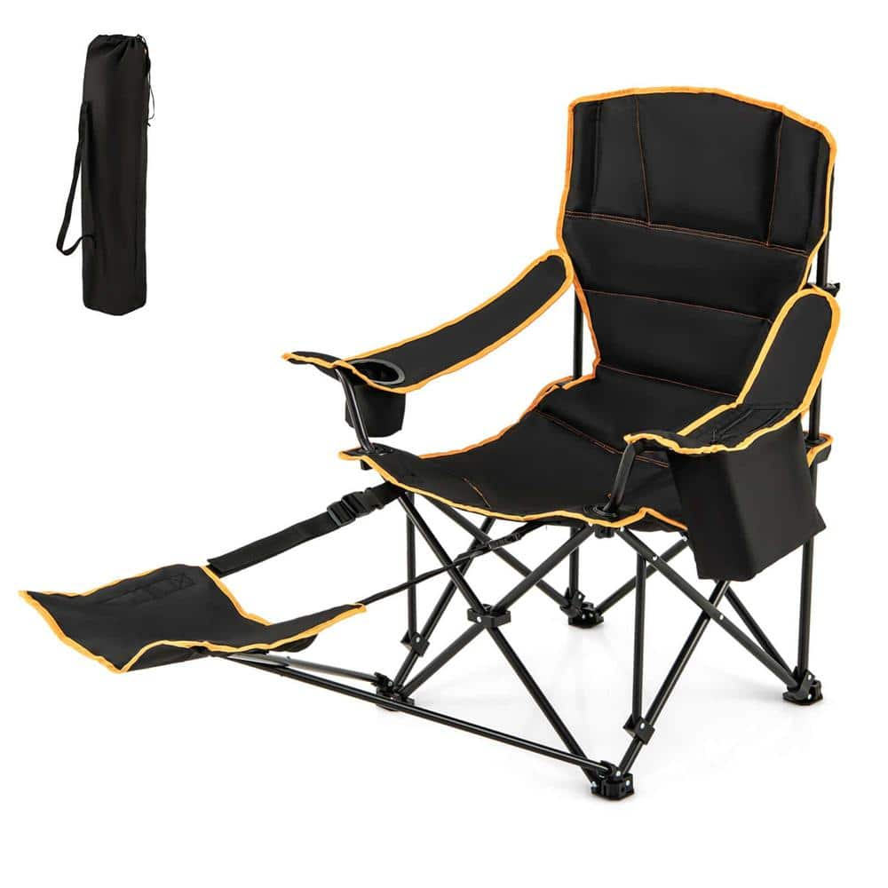 Costway Black Fabric Folding Camping Chair with Footrest Adjustable Backrest Padded Cushion