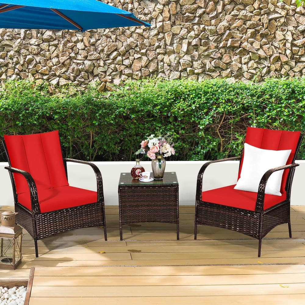 Costway 3-Piece Wicker Patio Conversation Set with Red Cushions Plus ...