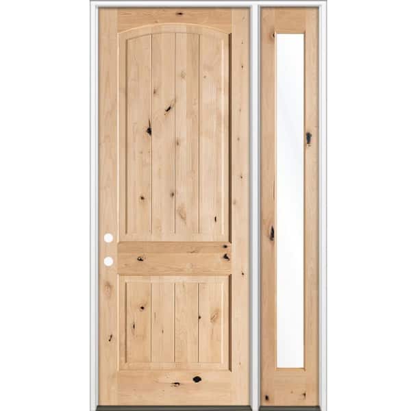 46 in. x 96 in. Knotty Alder Arch Top Right-Hand/Inswing Clear Glass Unfinished Wood Prehung Front Door w/ RFSL