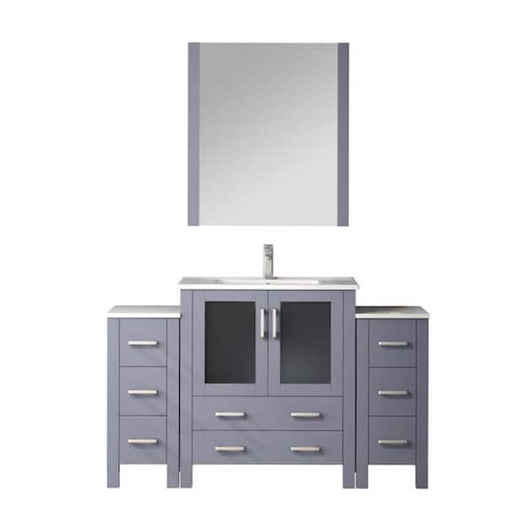 Volez 54" W x 18.25" D Dark Grey Single Bath Vanity with Side Cabinets, White Ceramic Top, Faucet Set, and 28 in Mirror