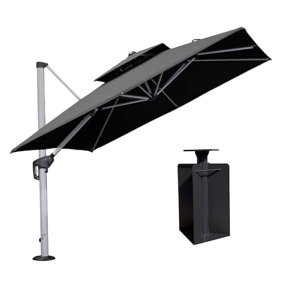 PURPLE LEAF 9 ft. Square High-Quality Aluminum Cantilever Polyester Outdoor Patio Umbrella with Base in Ground, Gray