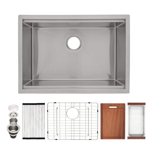 30 in. Undermount Single Bowl 16 Gauge Brushed Nickel Stainless Steel Workstation Kitchen Sink with Bottom Grid