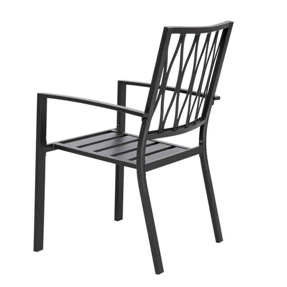 Black Iron Stackable Outdoor Patio Chairs with Lattice Design (2-Pack)