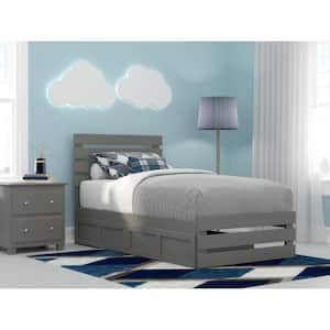 Oxford Grey Twin Solid Wood Storage Platform Bed with Footboard and USB Turbo Charger with 2 Drawers