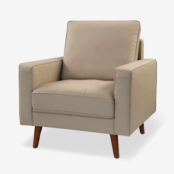 JAYDEN CREATION Christine Mid-Century Modern Beige Genuine Leather Armchair with Wood Flared Legs