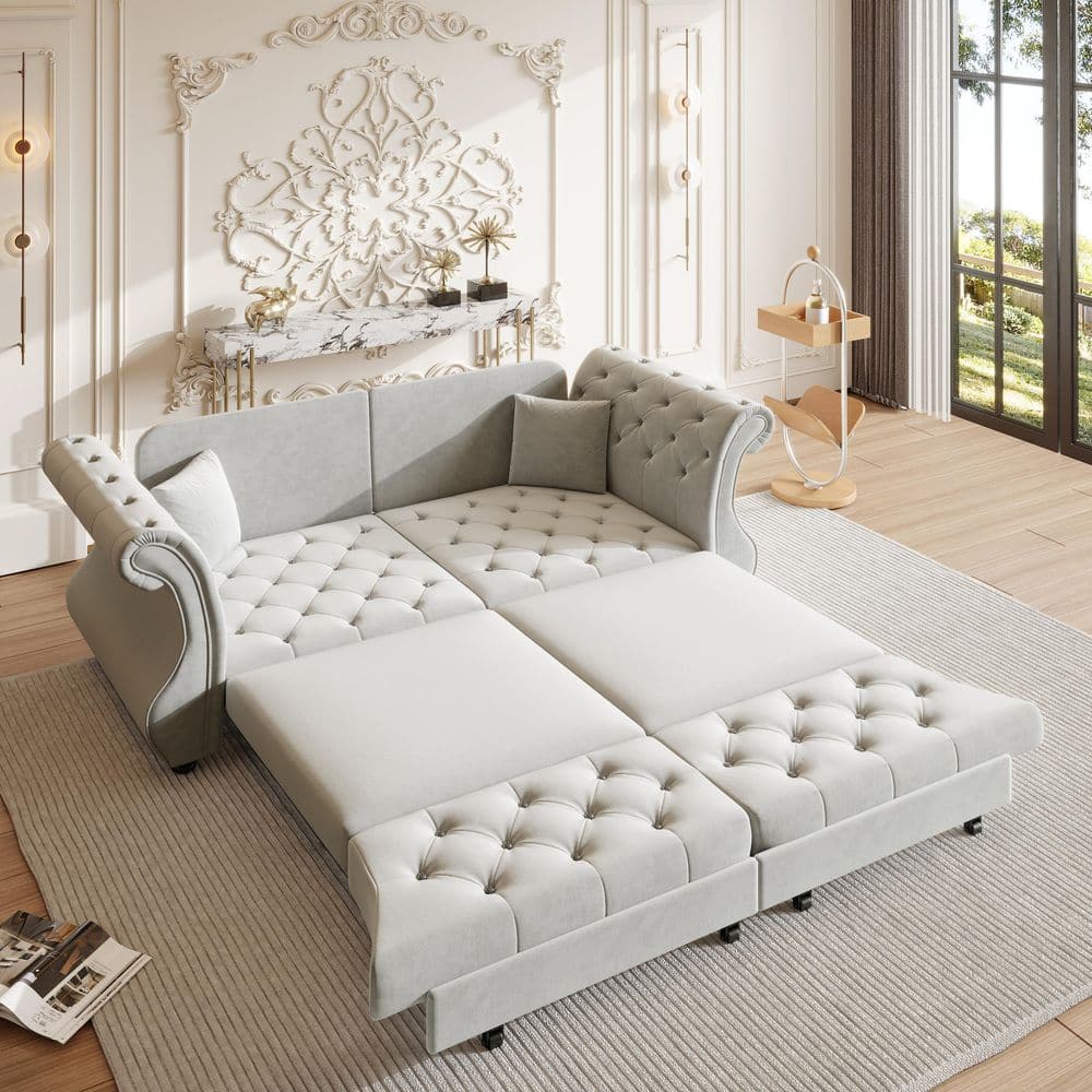 Seafuloy 83.8 in. Light Grey Oversized Chesterfield Velvet Queen Size Sofa Bed, Pull Out Sleeper Couch with Roll Arms and Tufting