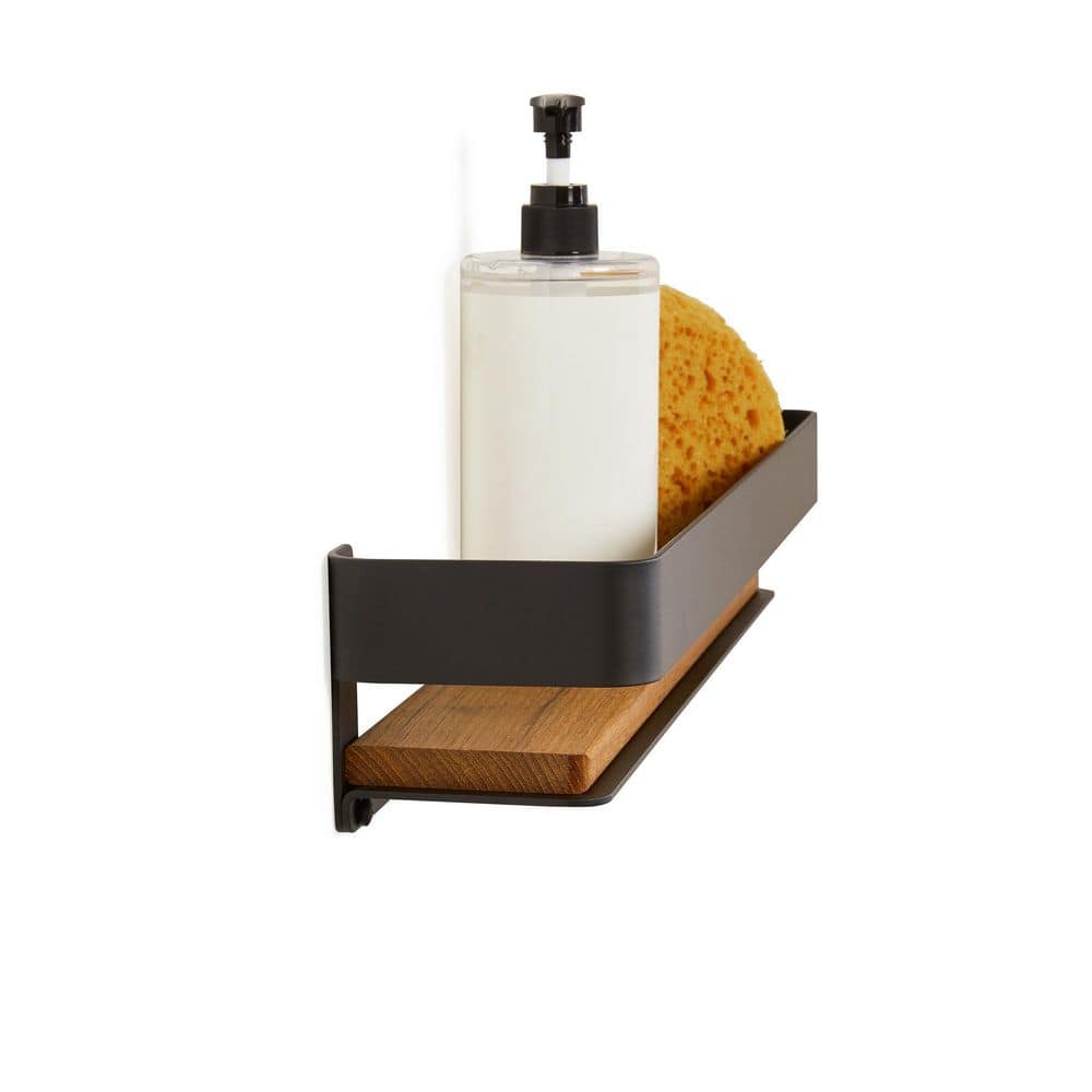 Matte Black and Teak Wood Wall Mounted Shower Shelf