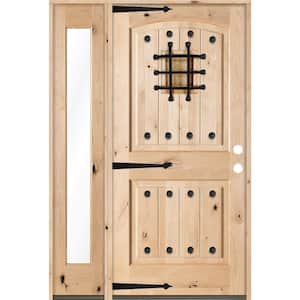 44 in. x 80 in. Mediterranean Unfinished Knotty Alder Arch Left-Hand Left Full Sidelite Clear Glass Prehung Front Door