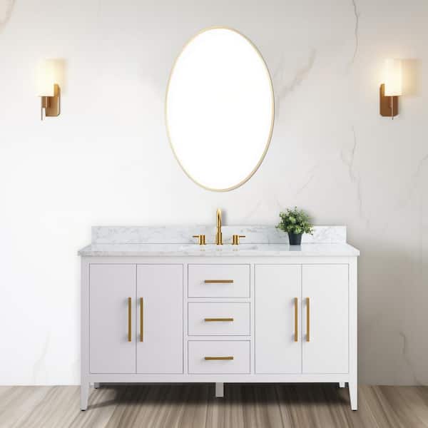Vanity Art 60 in. W x 22 in. D x 34 in. H Single Sink Bathroom Vanity Cabinet in White with Engineered Marble Top in White
