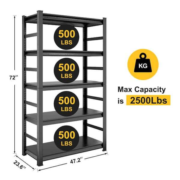 Heavy Duty 72 in. H 5-Shelf Black Metal Pantry Organizer Garage Storage Rack Metal Shelving with Adjustable Shelves