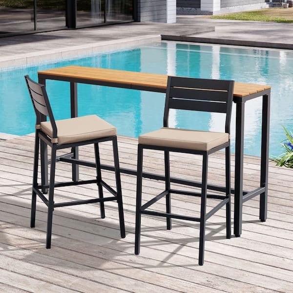 3-Piece Metal Outdoor Serving Bar Set with 2-Stools and 63 in. L. Bar Table with WPC Top and Detachable Cushion Covers
