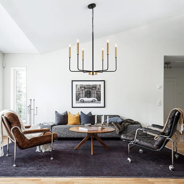 6-Light Black/Gold Classic Farmhouse Candle Style Chandelier for Living Room with No Bulbs Included