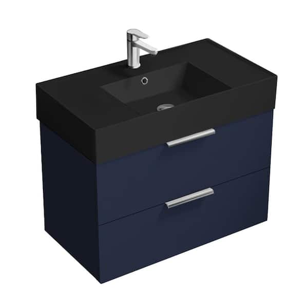 Nameeks Derin 31.89 in. W x 17.32 in. D x 25.2 in. H Modern Bathroom Vanity in Night Blue with Matte Black Ceramic Top