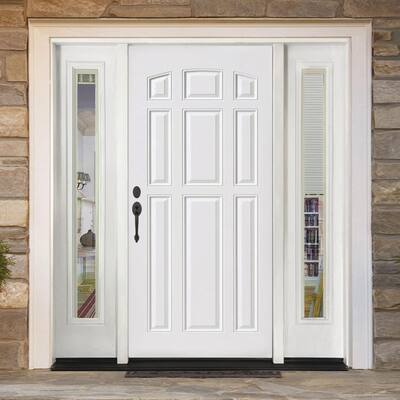 60 in. x 80 in. 9-Panel Primed White Right-Hand Steel Prehung Front Door with 10 in. Mini Blind Sidelites 4 in. Wall