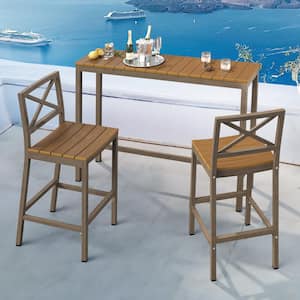 3 Piece 55" Brown Outdoor Dining Table Set Aluminum Bar Set HDPS Top With Bar Chairs Armless for Balcony