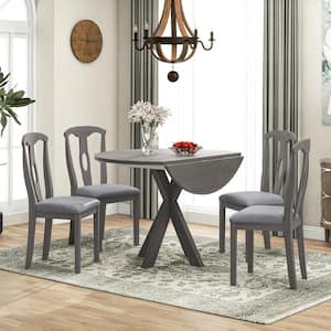 Rustic Farmhouse 5-Piece Gray Round Drop Leaf Wood Dining Table Set with 4-Padded Dining Chairs