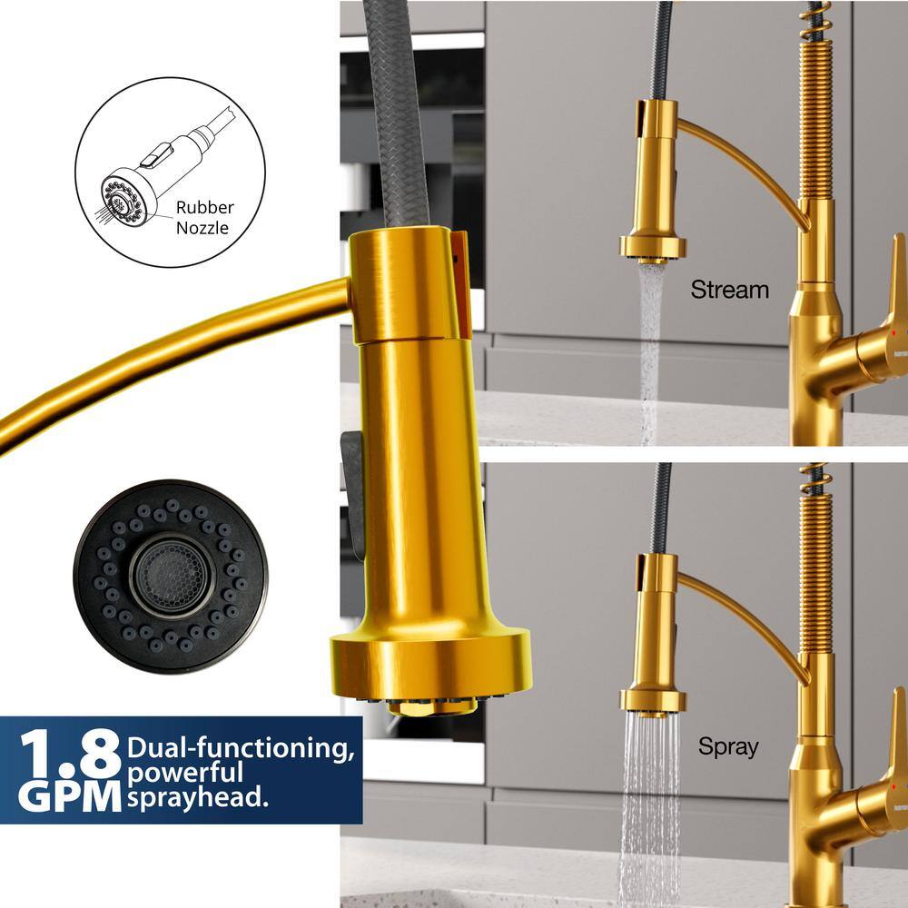 Gold Brass Single Handle Pull-Down Sprayer Kitchen Faucet