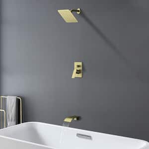 Single Handle 1-Spray Waterfall Tub and Shower Faucet 2.5 GPM with 8 in. Rain Shower Head in Brushed Gold Valve Included