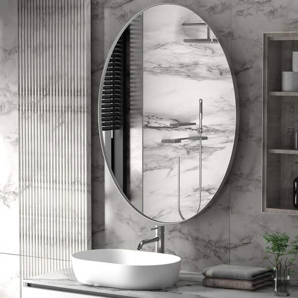 24 in. W x 36 in. H Large Oval Mirror Stainless Steel Frame Mirror Wall Mirrors Bathroom Vanity Mirror in Brushed Silver