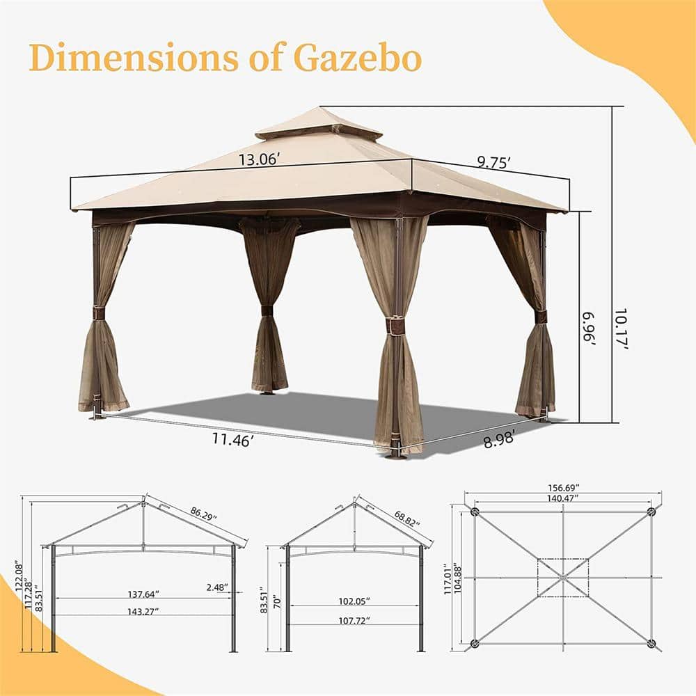 10' x 13' Beige Metal Frame Double Roof Patio Gazebo