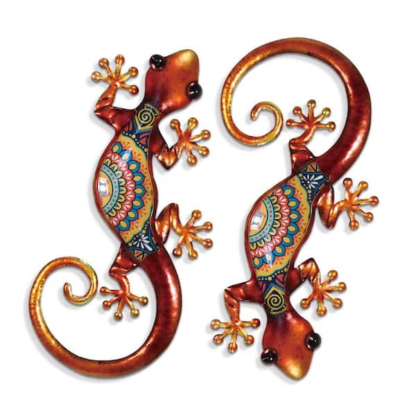 15 in. x 8 in. Lizard Metal Wall Art Decor-2 Pack utdoor Hanging Glass Sculpture