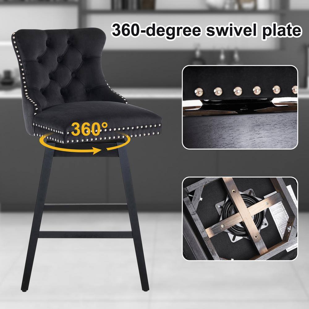 29" Black Velvet Upholstered Swivel Bar Stools with Wood Frame, Set of 2