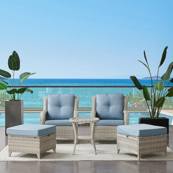 ArcoBay 5-Piece Light Beige Wicker Outdoor Lounge Chairs Patio Conversation Set with Baby Blue Cushions and Ottomans