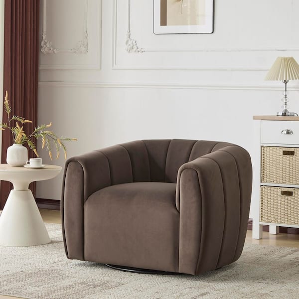 Smith Modern Dark Brown Upholstered Velvet Swivel Arm Chair, Metal Base