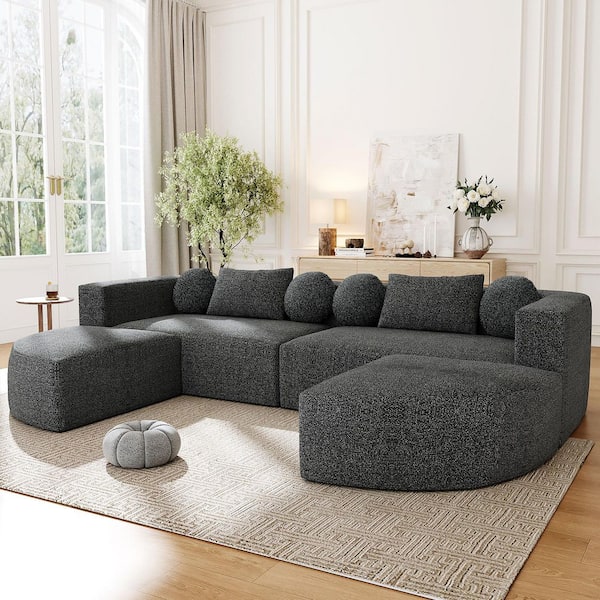Free-combined 114.9 in. Boucle Fabric Upholstered Modular Sectional Sofa in Black with Ottomans, Pillows