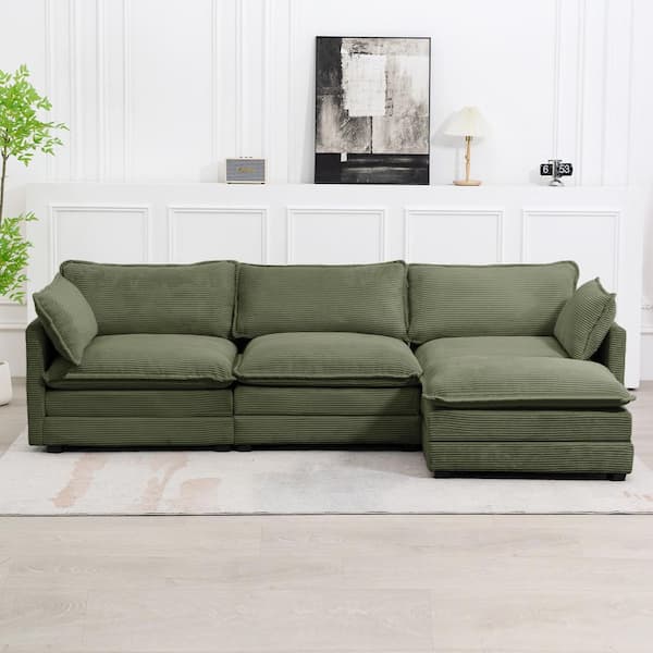 JEAREY 112 in. W 4-Piece Modern Fabric Corduroy Sectional Sofa in. Avocado Green with Ottoman