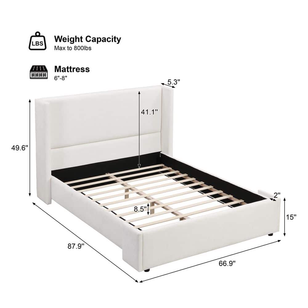 Elegant Modern White Fabric Upholstered Wood Frame King Size Platform Bed with Wingback Tall Headboard - thumbnail 3