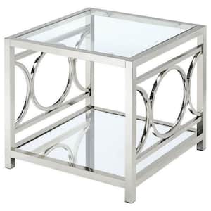 23.5 in. Silver Square Glass End Table with Bottom Shelf and Metal Accents
