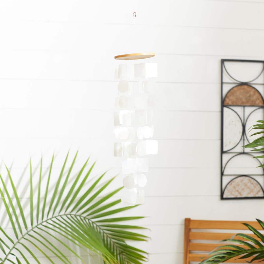20" White Capiz Shell Waterfall Wind Chime with Oak Finish