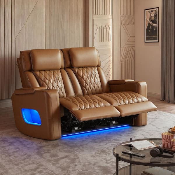 Orya Saddle 61.42 in. Power Recliner Chair with Dual Motor, Massage and Heat, LED Lights, Leather Home Theater Seating
