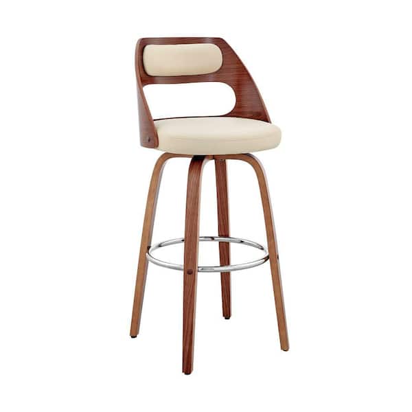 Benjara 32 in. Cream and Brown Low Back Metal Frame Barstool with Faux Leather Seat