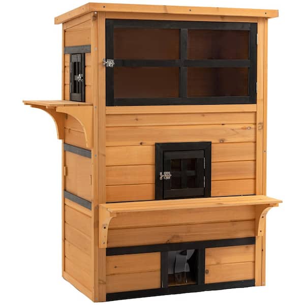 Tatayosi 3-Story Cat House Feral Cat Shelter with Raised Floor, Asphalt Roof, Escape Doors, Jumping Platforms, Yellow