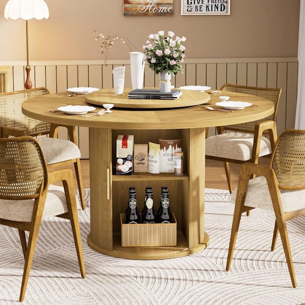 Aurelia Natural Wood 55.1 in. Pedestal Round Dining Table Seats 6 with Rotating Tray, Wavy-striped Doors