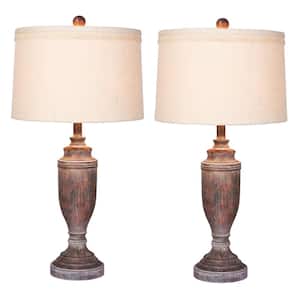 29.5 in. Distressed Urn Cottage Antique Brown Resin Table Lamp (2-Pack)