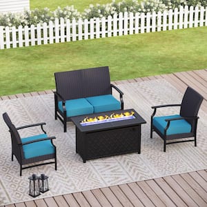 Black Rattan Wicker 4 Seat 4-Piece Steel Outdoor Fire Pit Patio Set with Blue Cushions and Rectangular Fire Pit Table