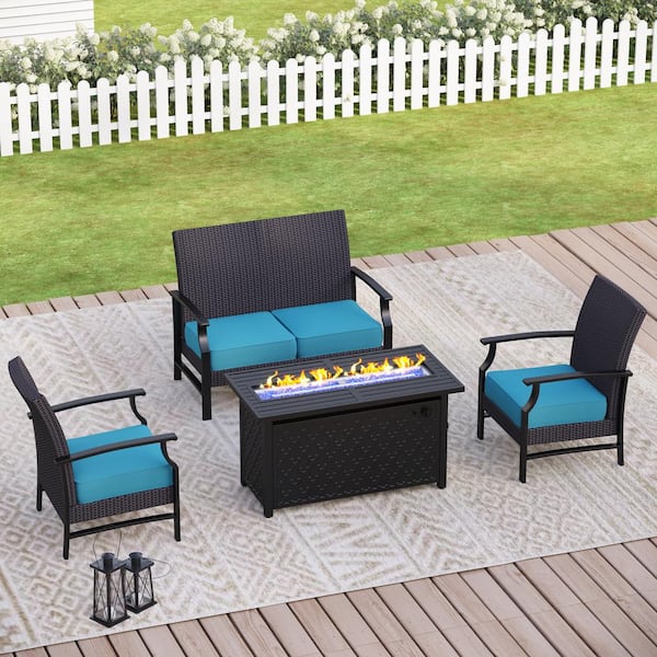 PHI VILLA Black Rattan Wicker 4 Seat 4-Piece Steel Outdoor Fire Pit Patio Set with Blue Cushions and Rectangular Fire Pit Table