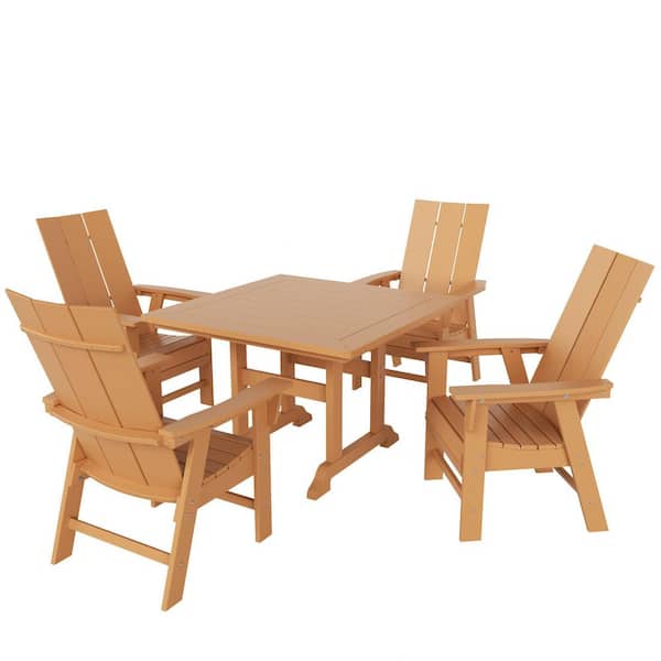 WESTIN OUTDOOR Shoreside Outdoor Patio Weather Resistant Adirondack Teak 5-Piece HDPE Plastic Square Table Dining Set