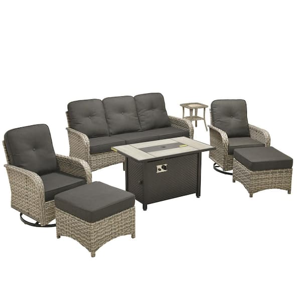 Vinceny Gray 7-Piece Wicker Patio Rectangle Fire Pit Conversation Set with Black Cushions and Swivel Chairs