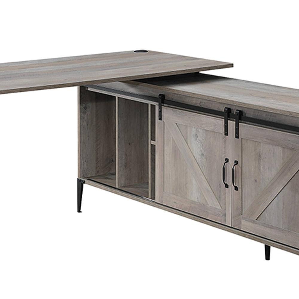 Gray Oak L-Shaped Desk with Sliding Barn Doors