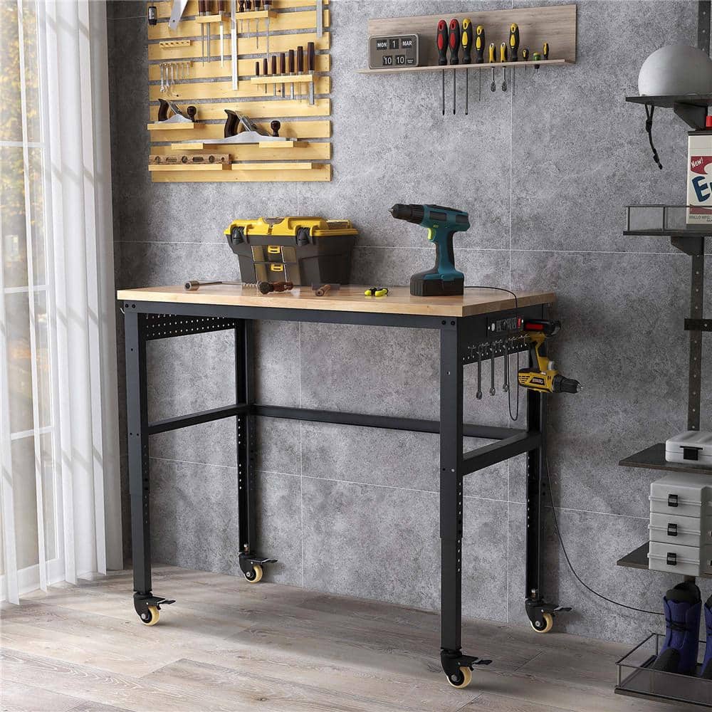 48'' Adjustable Oak Wood Top Workbench with Steel Frame and Power Outlets