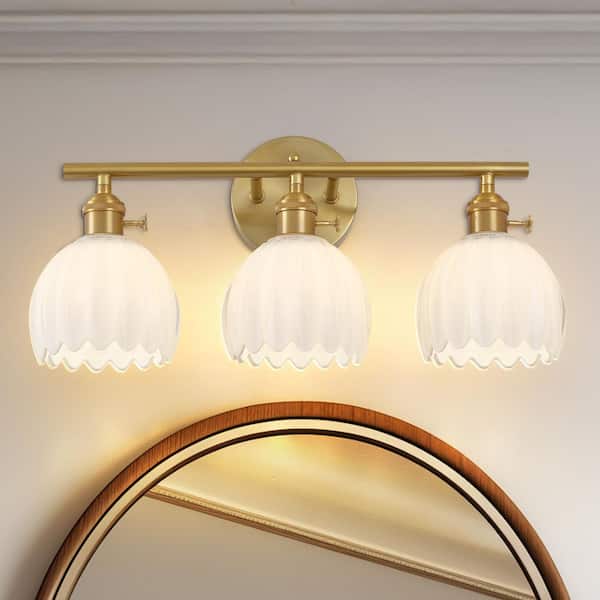 18.8 in. 3-Light Brass Dimmable Bathroom Vanity Light, with Milk White Glass Shades, for Living Room, Bedroom, Mirror