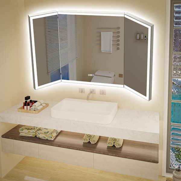 ANGELES HOME 48 in. W x 36 in. H Rectangular Framed Tri-Fold Backlit Front Light LED Wall Bathroom Vanity Mirror, Defog 10x Magnifier